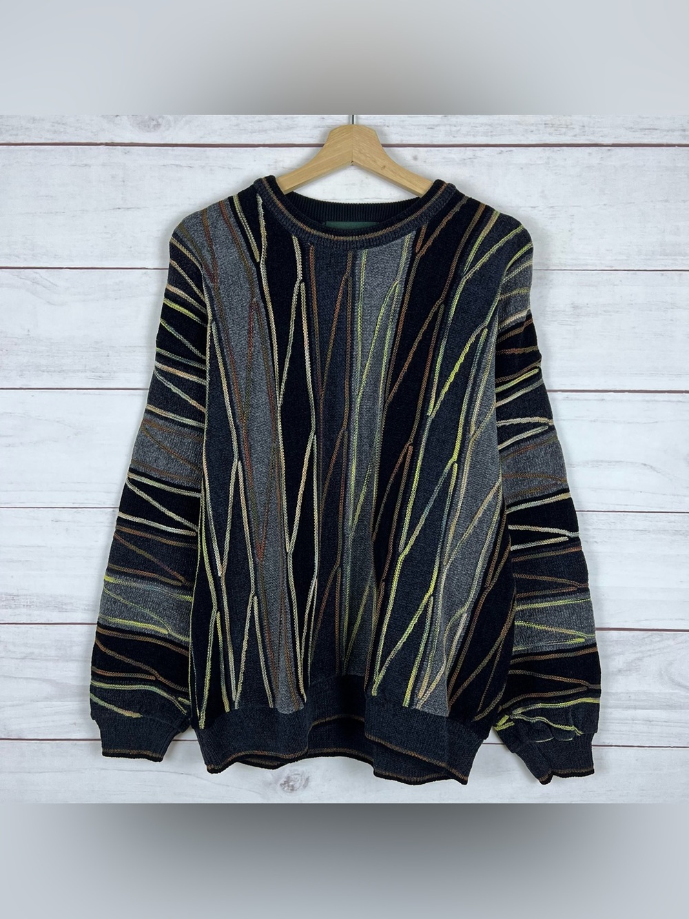 VTG Tundra Canada Coogi Style 3D Knit Sweater Mens Medium Abstract Multicolor